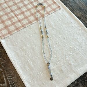 Beautiful Mala with blue and green agate, and crystal beads 17” long-lying flat